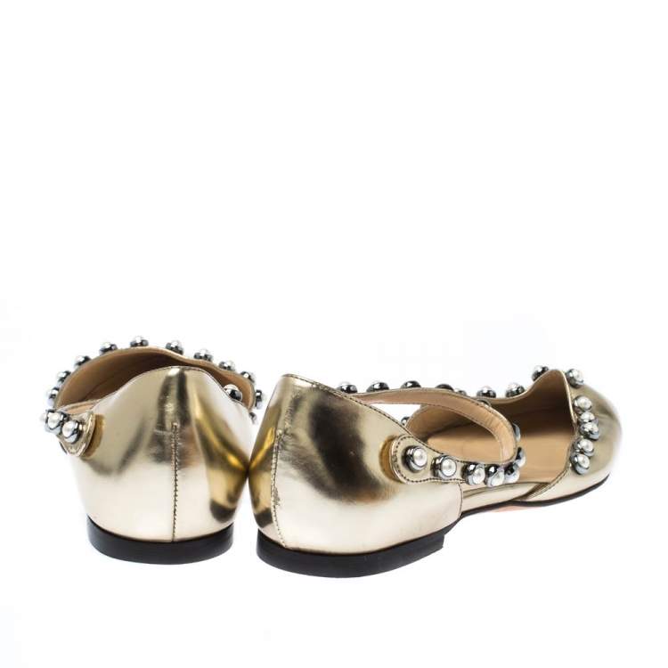 Pre Owned Jimmy Choo Gold Pearl Embellished Patent Leather Leema Pointed Toe Flats Size 35