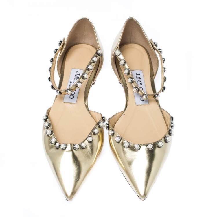 Pre Owned Jimmy Choo Gold Pearl Embellished Patent Leather Leema Pointed Toe Flats Size 35