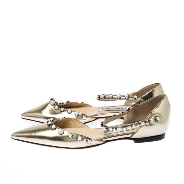 Pre Owned Jimmy Choo Gold Pearl Embellished Patent Leather Leema Pointed Toe Flats Size 35