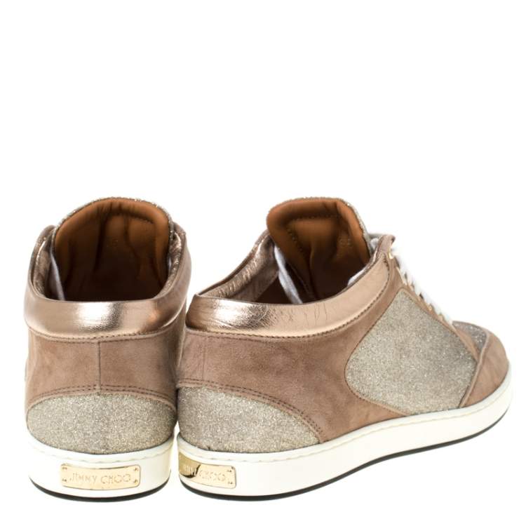 Pre Owned Jimmy Choo Beige Glitter And Suede Miami Lace Up Sneakers Size 35