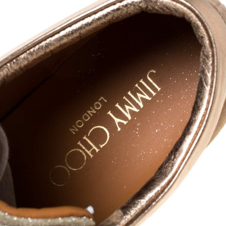 Pre Owned Jimmy Choo Beige Glitter And Suede Miami Lace Up Sneakers Size 35