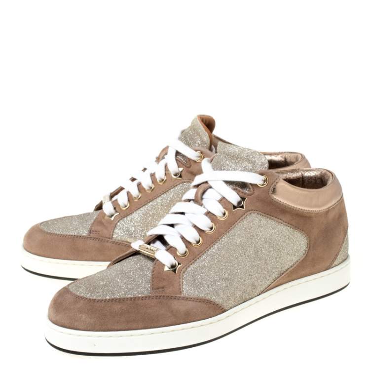 Pre Owned Jimmy Choo Beige Glitter And Suede Miami Lace Up Sneakers Size 35