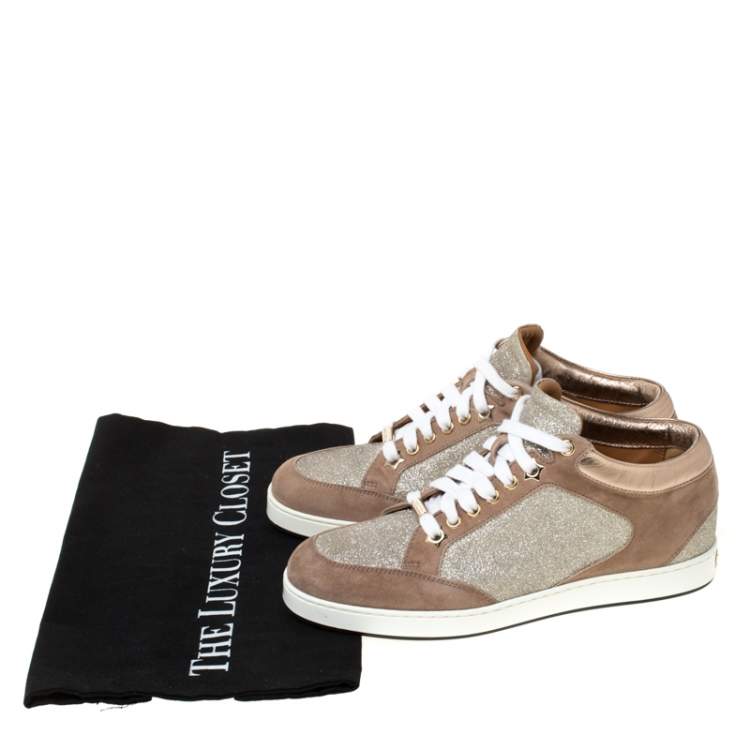 Pre Owned Jimmy Choo Beige Glitter And Suede Miami Lace Up Sneakers Size 35