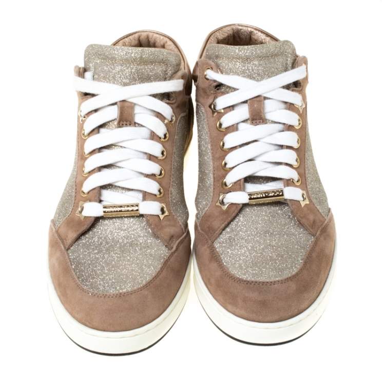 Pre Owned Jimmy Choo Beige Glitter And Suede Miami Lace Up Sneakers Size 35