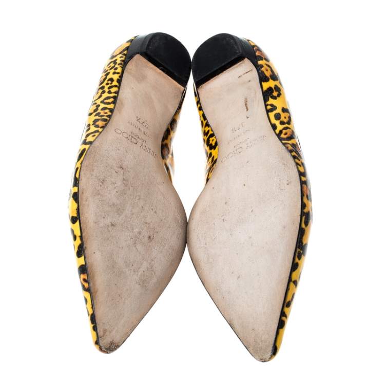 Pre Owned Jimmy Choo Yellow Leopard Print Leather Pointed Toe Flats Size 37.5
