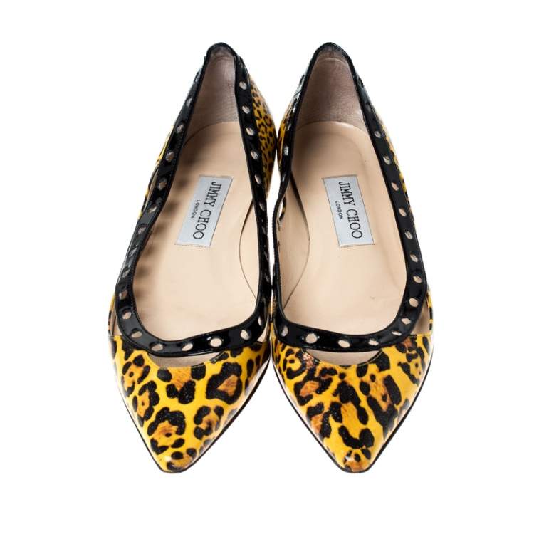 Pre Owned Jimmy Choo Yellow Leopard Print Leather Pointed Toe Flats Size 37.5