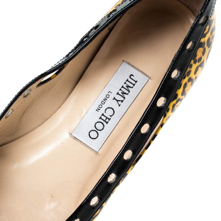 Pre Owned Jimmy Choo Yellow Leopard Print Leather Pointed Toe Flats Size 37.5