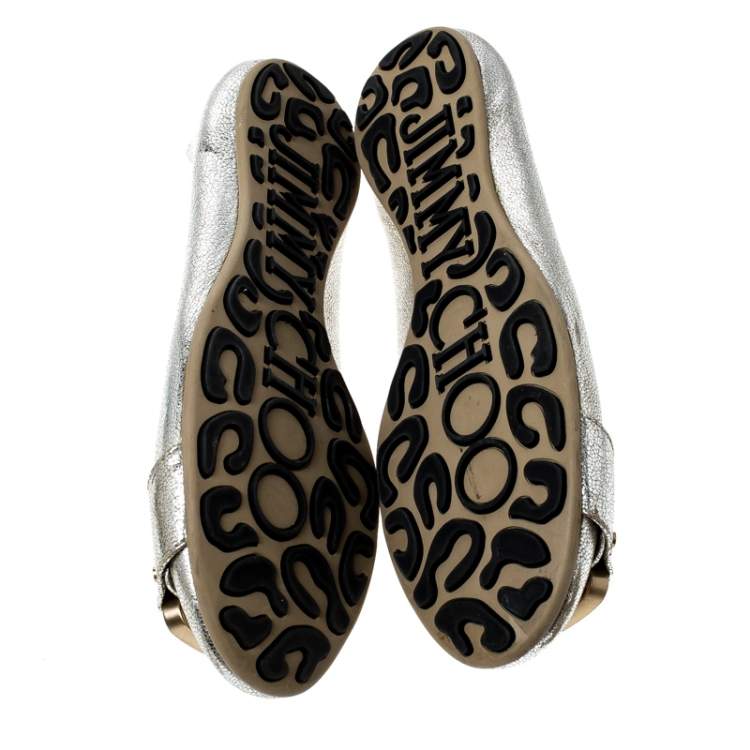 Pre Owned Jimmy Choo Metallic Silver Leather Ballet Flats Size 38.5