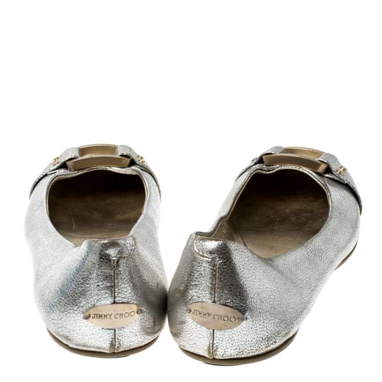 Pre Owned Jimmy Choo Metallic Silver Leather Ballet Flats Size 38.5