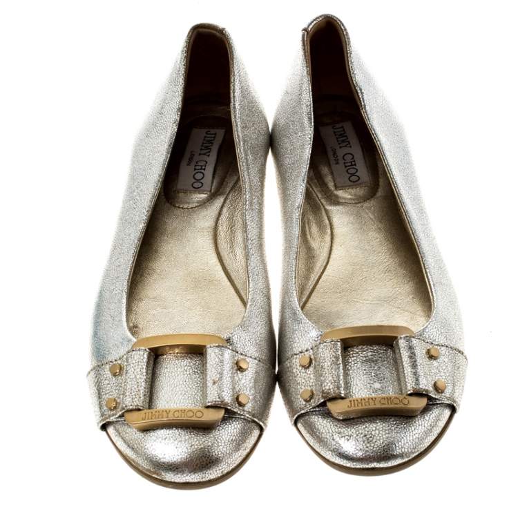 Pre Owned Jimmy Choo Metallic Silver Leather Ballet Flats Size 38.5