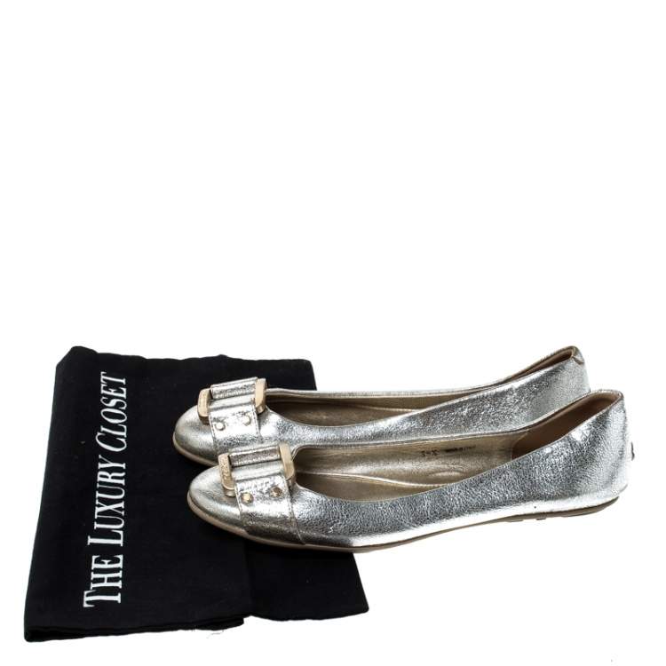 Pre Owned Jimmy Choo Metallic Silver Leather Ballet Flats Size 38.5