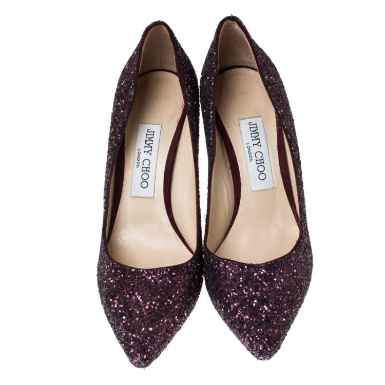 Pre Owned Jimmy Choo Purple Glitter Romy Pointed Toe Pumps Size 37.5