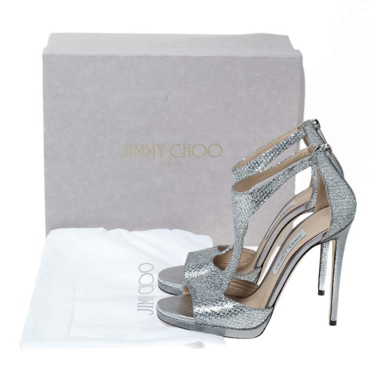 Pre Owned Jimmy Choo Silver Coarse Glitter Lana T Strap Peep Toe Sandals Size 39