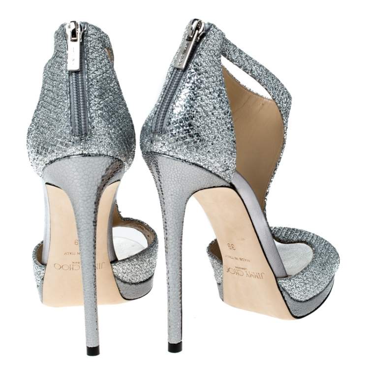 Pre Owned Jimmy Choo Silver Coarse Glitter Lana T Strap Peep Toe Sandals Size 39