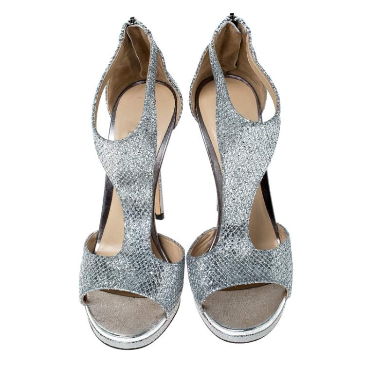 Pre Owned Jimmy Choo Silver Coarse Glitter Lana T Strap Peep Toe Sandals Size 39