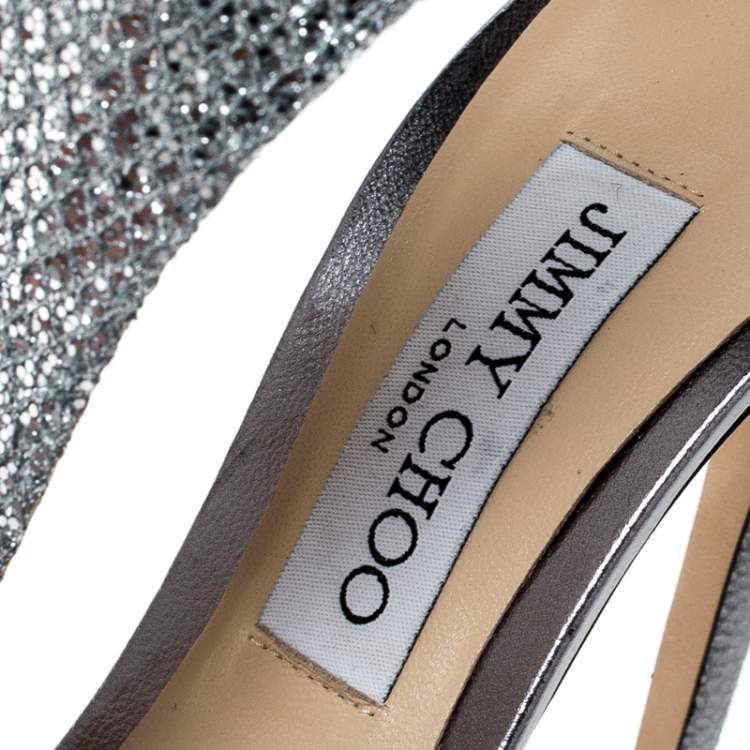 Pre Owned Jimmy Choo Silver Coarse Glitter Lana T Strap Peep Toe Sandals Size 39