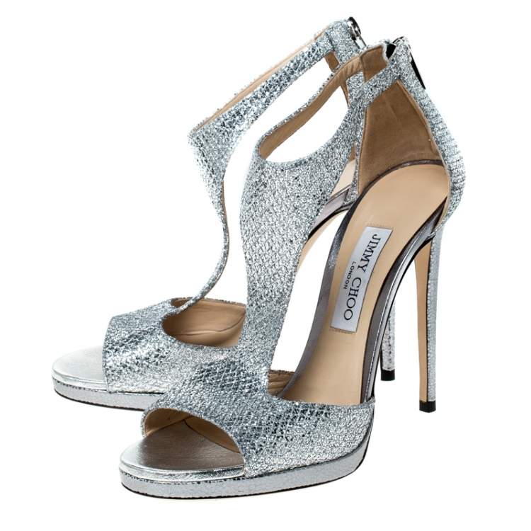 Pre Owned Jimmy Choo Silver Coarse Glitter Lana T Strap Peep Toe Sandals Size 39