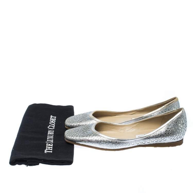 Pre Owned Jimmy Choo Metallic Silver Glitter Lazer Cut Leather Ballet Flats Size 39.5