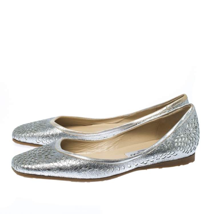 Pre Owned Jimmy Choo Metallic Silver Glitter Lazer Cut Leather Ballet Flats Size 39.5