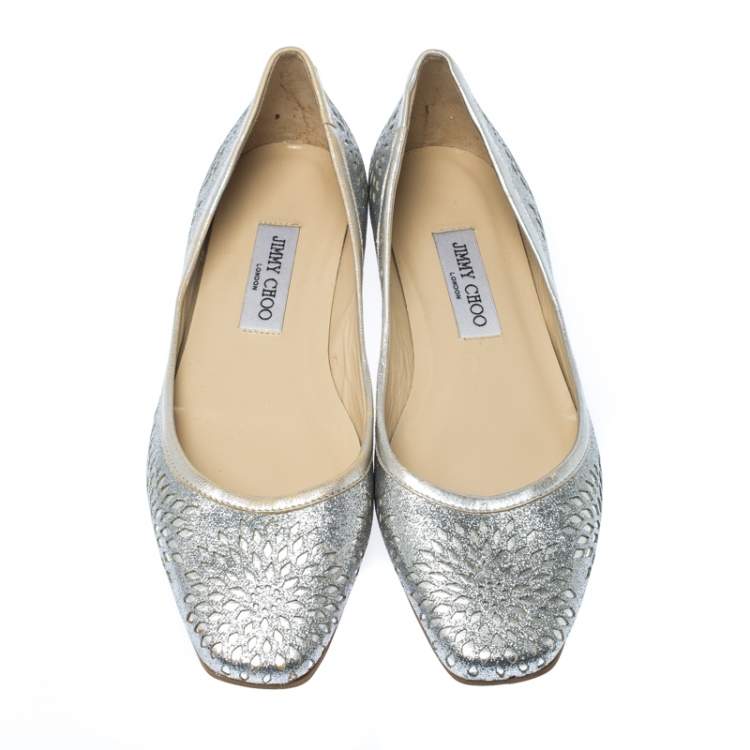 Pre Owned Jimmy Choo Metallic Silver Glitter Lazer Cut Leather Ballet Flats Size 39.5
