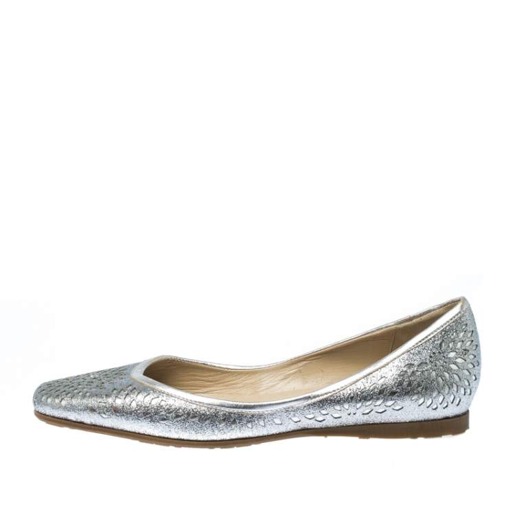 Pre Owned Jimmy Choo Metallic Silver Glitter Lazer Cut Leather Ballet Flats Size 39.5