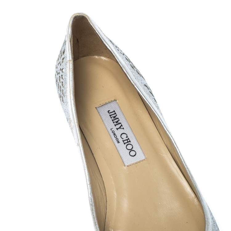 Pre Owned Jimmy Choo Metallic Silver Glitter Lazer Cut Leather Ballet Flats Size 39.5