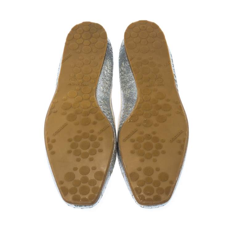 Pre Owned Jimmy Choo Metallic Silver Glitter Lazer Cut Leather Ballet Flats Size 39.5
