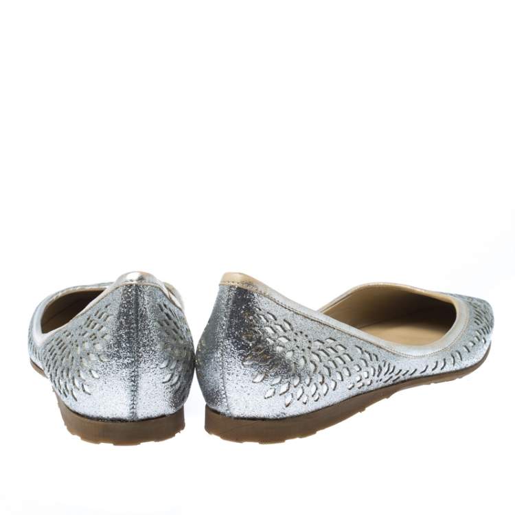 Pre Owned Jimmy Choo Metallic Silver Glitter Lazer Cut Leather Ballet Flats Size 39.5