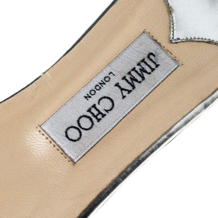 Pre Owned  Jimmy Choo Metallic Silver Leather Cut Out Flat Slides 41