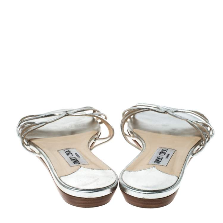 Pre Owned  Jimmy Choo Metallic Silver Leather Cut Out Flat Slides 41