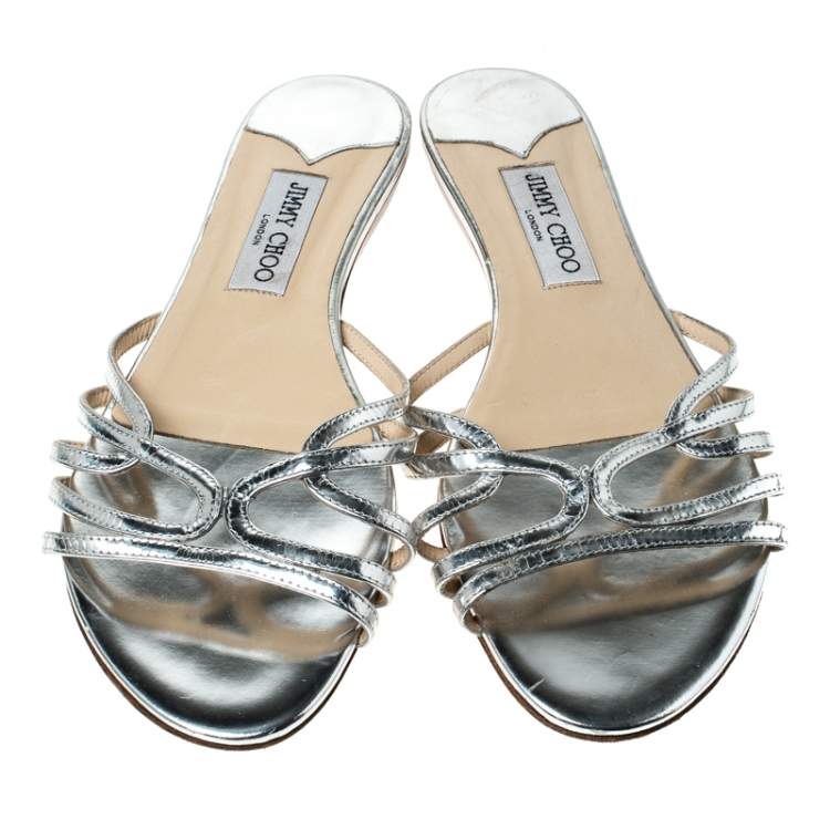 Pre Owned  Jimmy Choo Metallic Silver Leather Cut Out Flat Slides 41