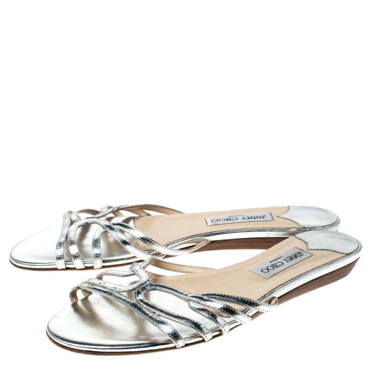 Pre Owned  Jimmy Choo Metallic Silver Leather Cut Out Flat Slides 41