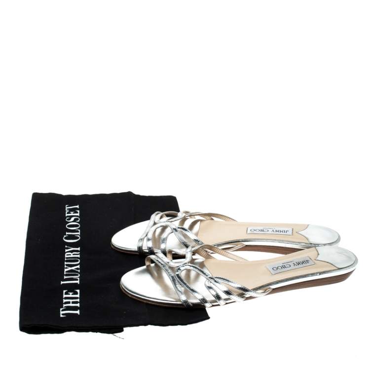 Pre Owned  Jimmy Choo Metallic Silver Leather Cut Out Flat Slides 41