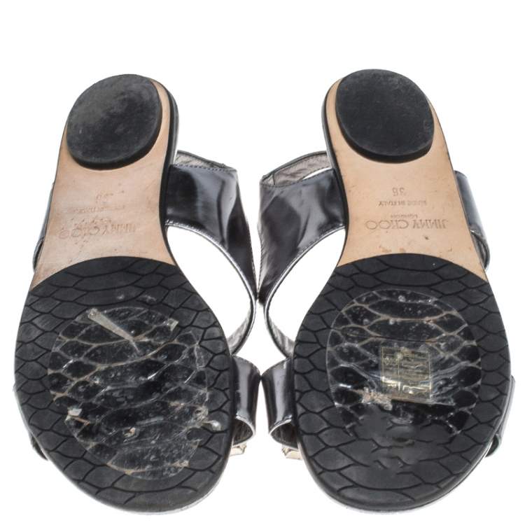 Pre Owned Jimmy Choo Silver Metallic Crystal Embellished Patent Leather Slingback Flat Sandals Size 36