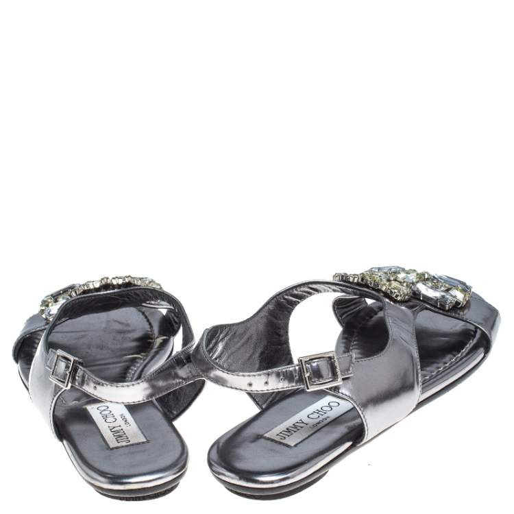Pre Owned Jimmy Choo Silver Metallic Crystal Embellished Patent Leather Slingback Flat Sandals Size 36