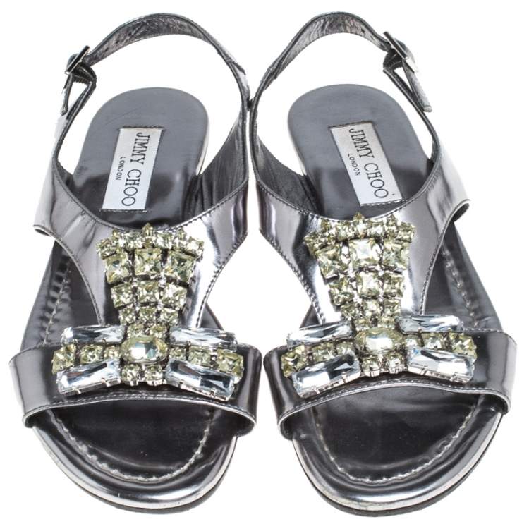 Pre Owned Jimmy Choo Silver Metallic Crystal Embellished Patent Leather Slingback Flat Sandals Size 36