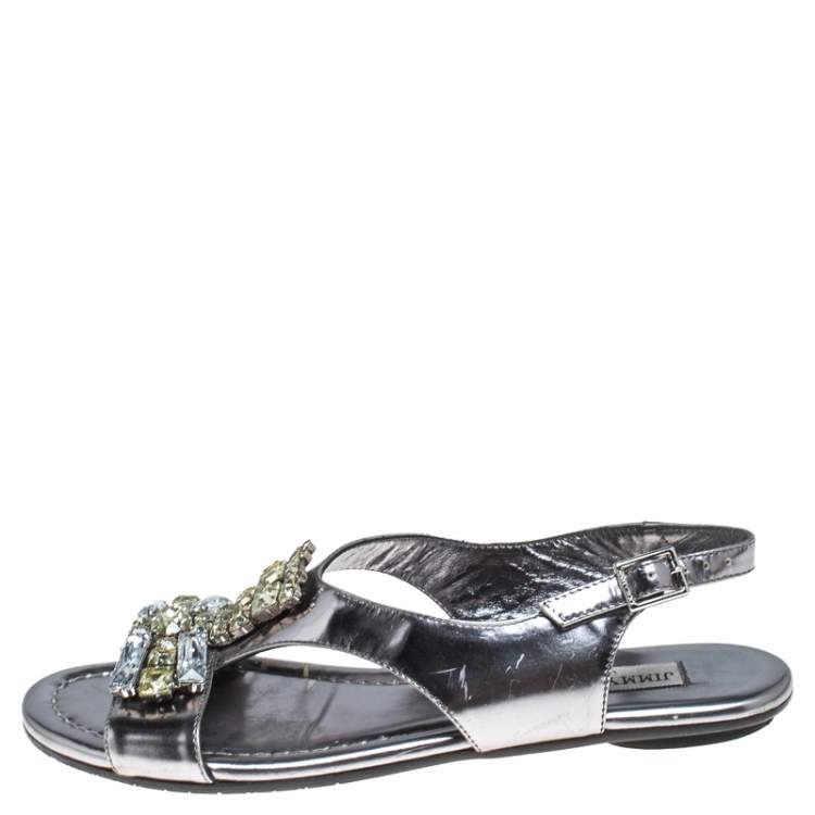Pre Owned Jimmy Choo Silver Metallic Crystal Embellished Patent Leather Slingback Flat Sandals Size 36