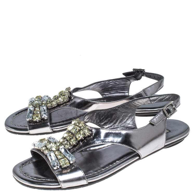 Pre Owned Jimmy Choo Silver Metallic Crystal Embellished Patent Leather Slingback Flat Sandals Size 36