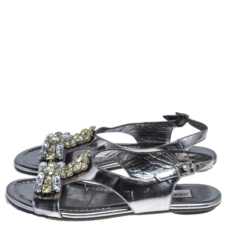 Pre Owned Jimmy Choo Silver Metallic Crystal Embellished Patent Leather Slingback Flat Sandals Size 36