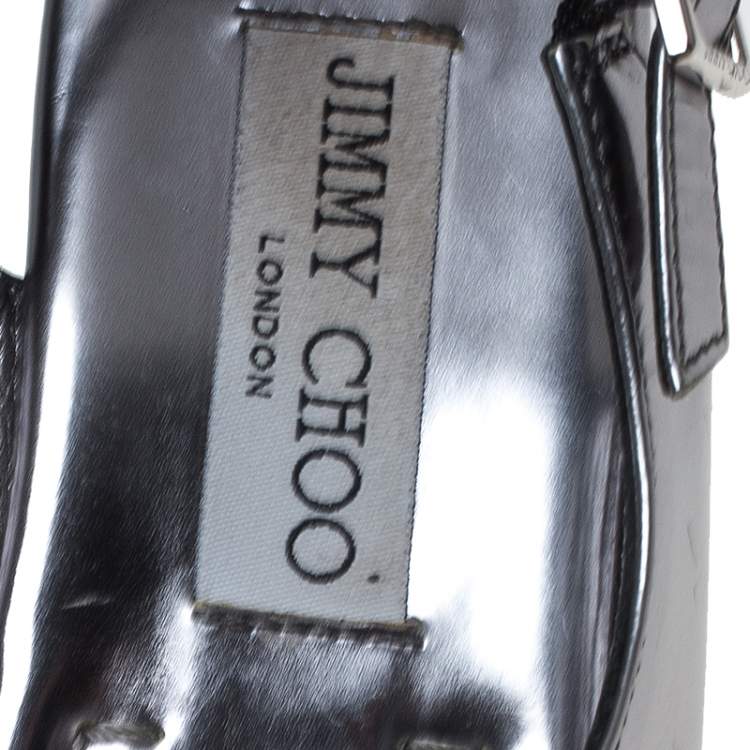 Pre Owned Jimmy Choo Silver Metallic Crystal Embellished Patent Leather Slingback Flat Sandals Size 36