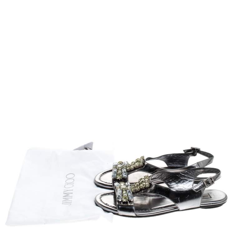 Pre Owned Jimmy Choo Silver Metallic Crystal Embellished Patent Leather Slingback Flat Sandals Size 36