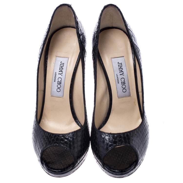 Pre Owned Jimmy Choo Black Python Luna Peep Toe Pumps Size 37