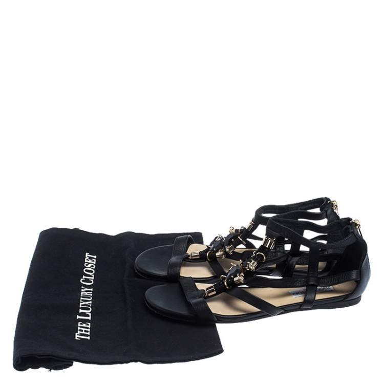 Pre Owned Jimmy Choo Black Crystal Embellished Leather Caged Flat Sandals Size 38
