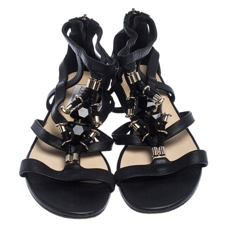 Pre Owned Jimmy Choo Black Crystal Embellished Leather Caged Flat Sandals Size 38