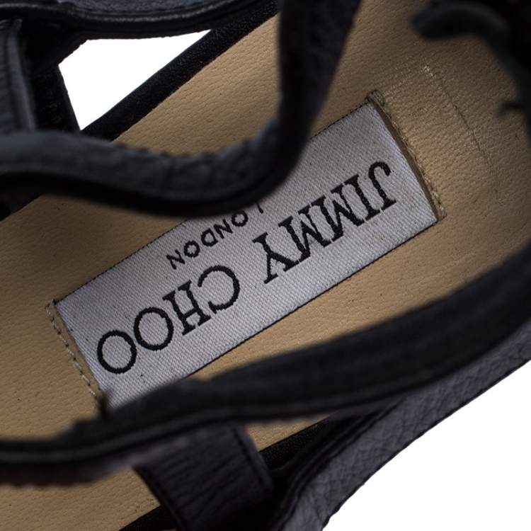 Pre Owned Jimmy Choo Black Crystal Embellished Leather Caged Flat Sandals Size 38