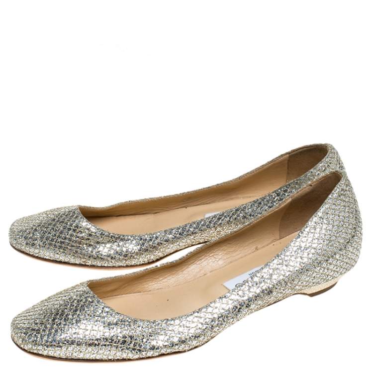 Pre Owned Jimmy Choo Metallic Gold Glitter Fabric Ballet Flats Size 38