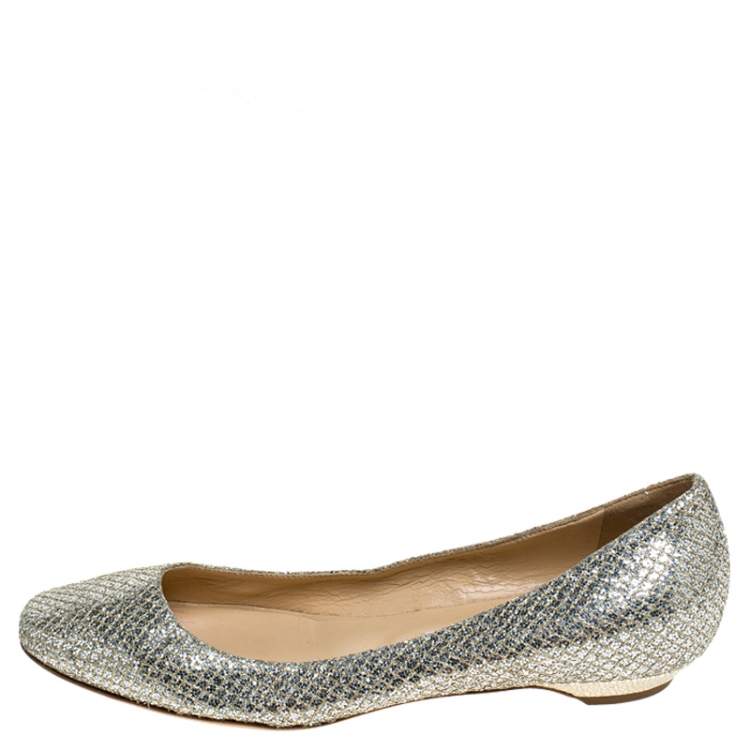 Pre Owned Jimmy Choo Metallic Gold Glitter Fabric Ballet Flats Size 38