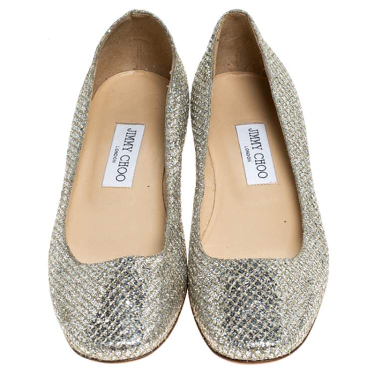 Pre Owned Jimmy Choo Metallic Gold Glitter Fabric Ballet Flats Size 38