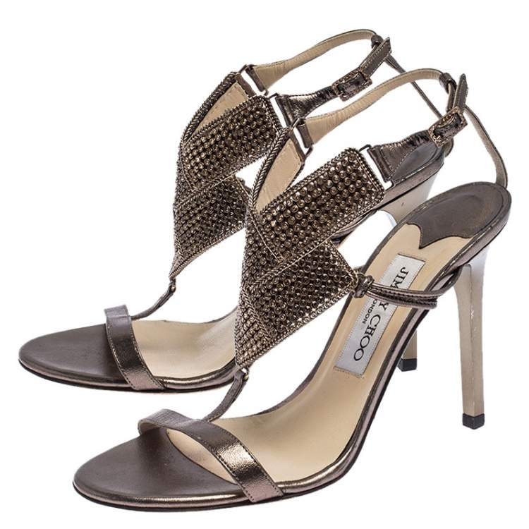 Pre Owned Jimmy Choo Metallic Bronze Leather Crystal Embellished Ankle Strap Sandals Size 36.5