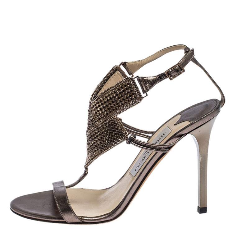 Pre Owned Jimmy Choo Metallic Bronze Leather Crystal Embellished Ankle Strap Sandals Size 36.5
